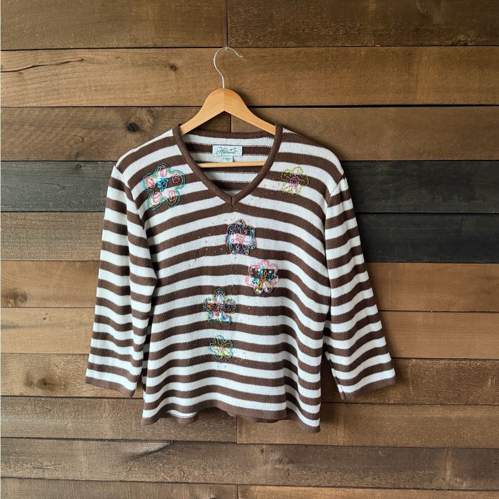 Vintage Striped Floral Beaded Knit Sweater V Neck Soft 90s Cottage - Picture 15 of 16